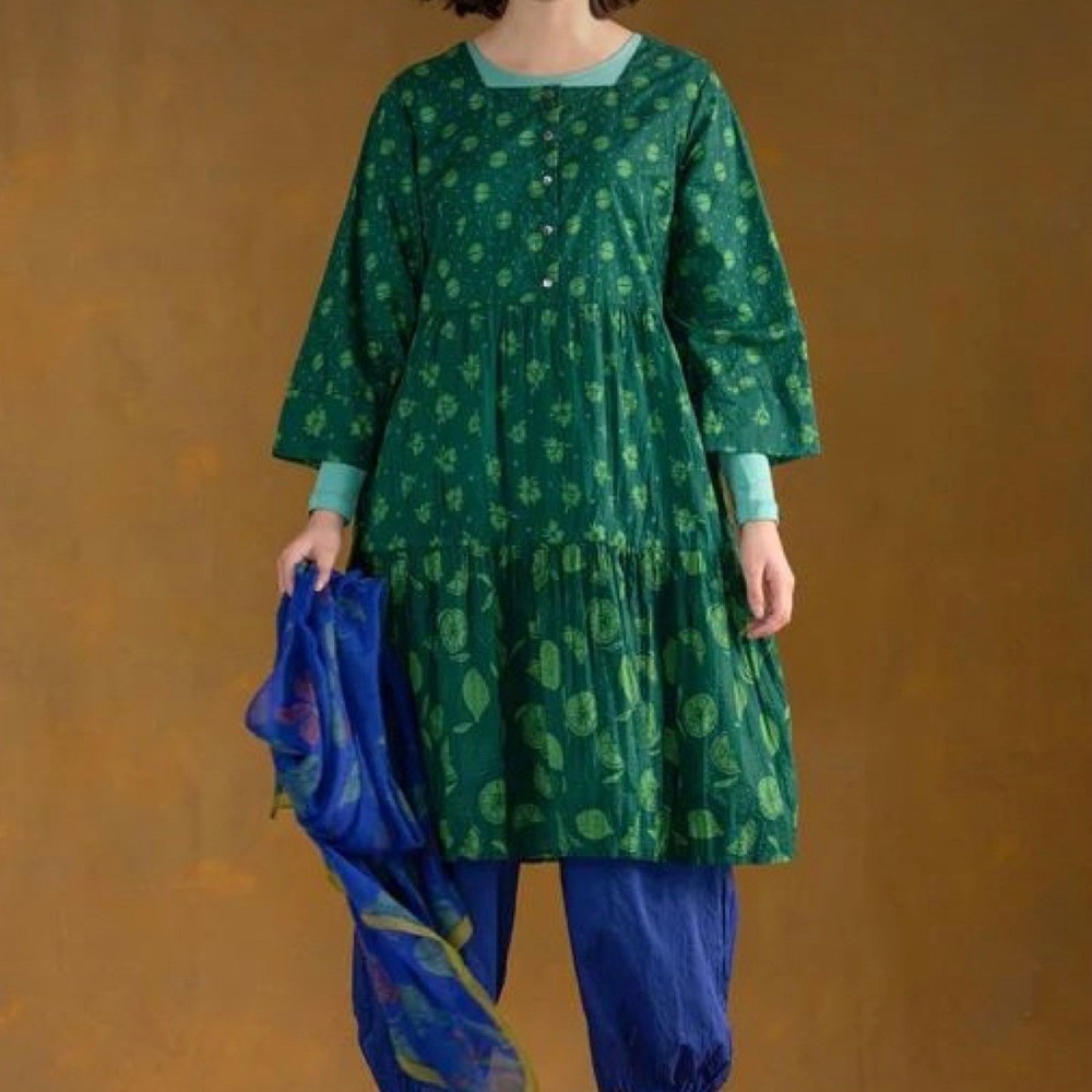 Gudrun Sjoden Green Citrus Floral Tiered Cotton Boho Dress Pockets Womens Small